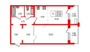 Квартира в ЖК Сибирь, 1 комнатная, 61.7 м², 9 этаж