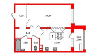 Квартира в ЖК Сибирь, 1 комнатная, 49 м², 1 этаж