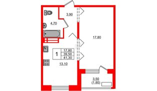Квартира в ЖК Сибирь, 1 комнатная, 41.3 м², 12 этаж