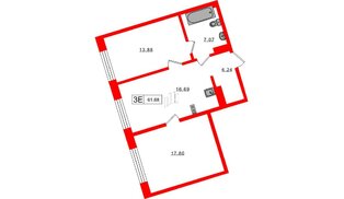 Апартаменты в ЖК 17/33 Петровский Остров, 2 комнатные, 61.68 м², 6 этаж