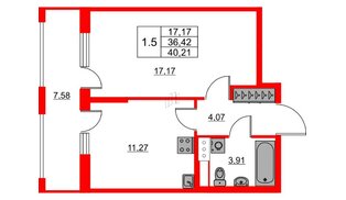 Квартира в ЖК «Город звёзд», 1 комнатная, 36.42 м², 12 этаж