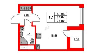 Квартира в ЖК «Город звёзд», студия, 24.64 м², 7 этаж
