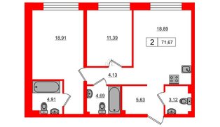 Апартаменты в ЖК 17/33 Петровский Остров, 2 комнатные, 71.67 м², 2 этаж