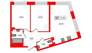 Апартаменты в ЖК 17/33 Петровский Остров, 2 комнатные, 67.96 м², 2 этаж