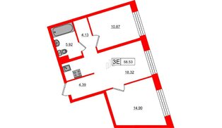 Апартаменты в ЖК 17/33 Петровский Остров, 2 комнатные, 58.53 м², 5 этаж