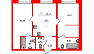 Апартаменты в ЖК 17/33 Петровский Остров, 2 комнатные, 66.49 м², 2 этаж