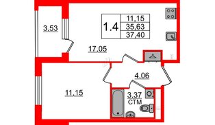 Квартира в ЖК «Дворцовый фасад», 1 комнатная, 35.63 м², 2 этаж