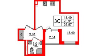 Квартира в ЖК «Дворцовый фасад», студия, 25.31 м², 3 этаж