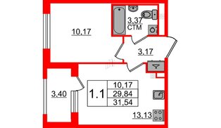 Квартира в ЖК «Дворцовый фасад», 1 комнатная, 29.84 м², 3 этаж