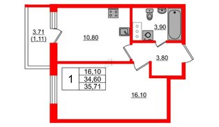 Квартира в ЖК Аквилон Янино, 1 комнатная, 35.71 м², 7 этаж