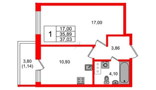 Квартира в ЖК «Аквилон Янино», 1 комнатная, 37.03 м², 11 этаж