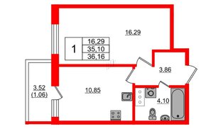 Квартира в ЖК Аквилон Янино, 1 комнатная, 36.16 м², 10 этаж
