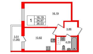 Квартира в ЖК Аквилон Янино, 1 комнатная, 36.16 м², 11 этаж