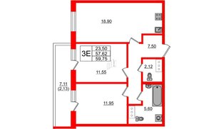 Квартира в ЖК Аквилон Янино, 2 комнатная, 59.75 м², 12 этаж