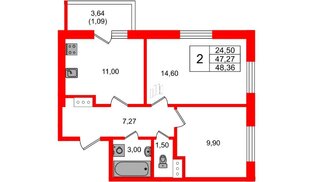 Квартира в ЖК Аквилон Янино, 2 комнатная, 48.36 м², 10 этаж