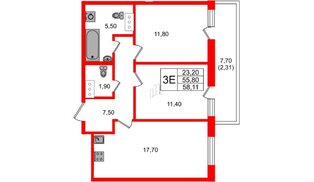 Квартира в ЖК Аквилон Янино, 2 комнатная, 58.11 м², 12 этаж