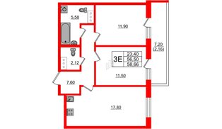 Квартира в ЖК Аквилон Янино, 2 комнатная, 58.66 м², 9 этаж
