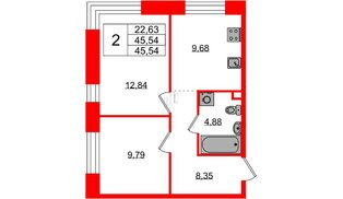Квартира в ЖК Plus Пулковский, 2 комнатная, 45.54 м², 1 этаж