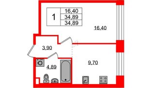 Квартира в ЖК Plus Пулковский, 1 комнатная, 34.89 м², 1 этаж