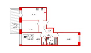 Квартира в ЖК «Плюс Пулковский», 3 комнатная, 83.97 м², 1 этаж