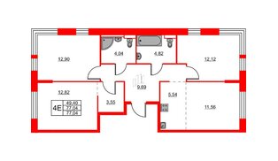 Квартира в ЖК Живи в Рыбацком, 3 комнатная, 77.04 м², 7 этаж