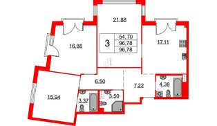 Квартира в ЖК Бакунина 33 ЖК, 3 комнатная, 96.78 м², 4 этаж