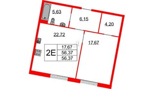 Квартира в ЖК Бакунина 33 ЖК, 1 комнатная, 56.37 м², 2 этаж
