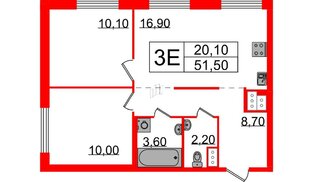 Квартира в ЖК Струны, 2 комнатная, 51.5 м², 5 этаж
