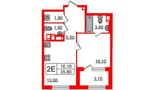 Квартира в ЖК Струны, 1 комнатная, 35.8 м², 10 этаж