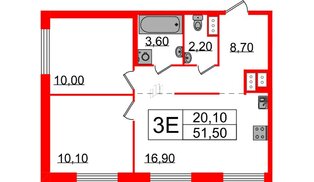 Квартира в ЖК Струны, 2 комнатная, 51.5 м², 13 этаж
