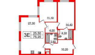 Квартира в ЖК Струны, 2 комнатная, 75.2 м², 23 этаж