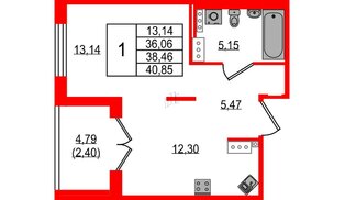 Квартира в ЖК Образцовый квартал, 1 комнатная, 36.06 м², 3 этаж