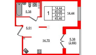 Квартира в ЖК «Образцовый квартал», 1 комнатная, 40.08 м², 1 этаж