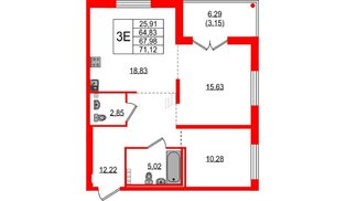 Квартира в ЖК Образцовый квартал, 2 комнатная, 64.83 м², 1 этаж