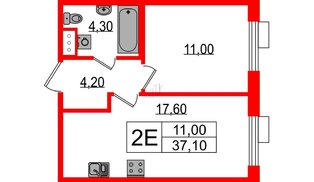 Квартира в ЖК Парусная 1, 1 комнатная, 37.1 м², 11 этаж