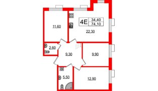 Квартира в ЖК Парусная 1, 3 комнатная, 74.1 м², 2 этаж