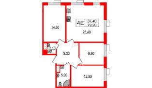 Квартира в ЖК Парусная 1, 3 комнатная, 79.2 м², 4 этаж