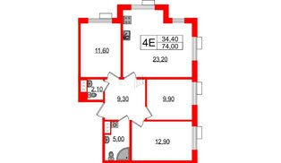 Квартира в ЖК Парусная 1, 3 комнатная, 74 м², 10 этаж