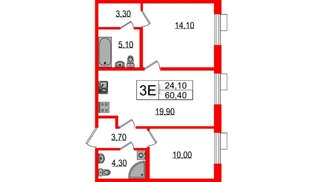 Квартира в ЖК Парусная 1, 2 комнатная, 60.4 м², 2 этаж