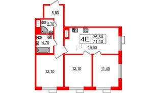 Квартира в ЖК Парусная 1, 3 комнатная, 71.4 м², 7 этаж