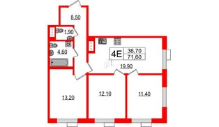 Квартира в ЖК Парусная 1, 3 комнатная, 71.6 м², 10 этаж