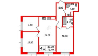 Квартира в ЖК Парусная 1, 3 комнатная, 75.4 м², 9 этаж