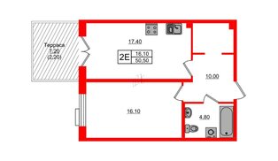 Квартира в ЖК Парусная 1, 1 комнатная, 50.5 м², 1 этаж