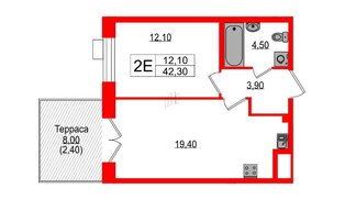 Квартира в ЖК Парусная 1, 1 комнатная, 42.3 м², 1 этаж