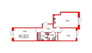 Квартира в ЖК Парусная 1, 2 комнатная, 65.1 м², 2 этаж