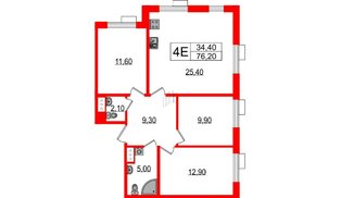 Квартира в ЖК Парусная 1, 3 комнатная, 76.2 м², 3 этаж