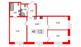Квартира в ЖК Парусная 1, 3 комнатная, 70.9 м², 7 этаж