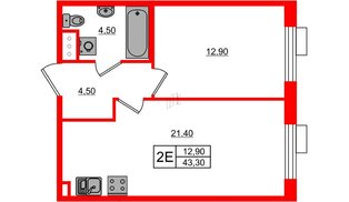 Квартира в ЖК «Парусная 1», 1 комнатная, 43.3 м², 5 этаж