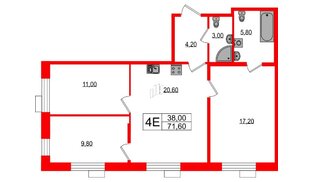 Квартира в ЖК Парусная 1, 3 комнатная, 71.6 м², 2 этаж