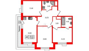Квартира в ЖК Парусная 1, 3 комнатная, 74.6 м², 6 этаж